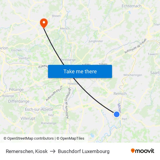 Remerschen, Kiosk to Buschdorf Luxembourg map