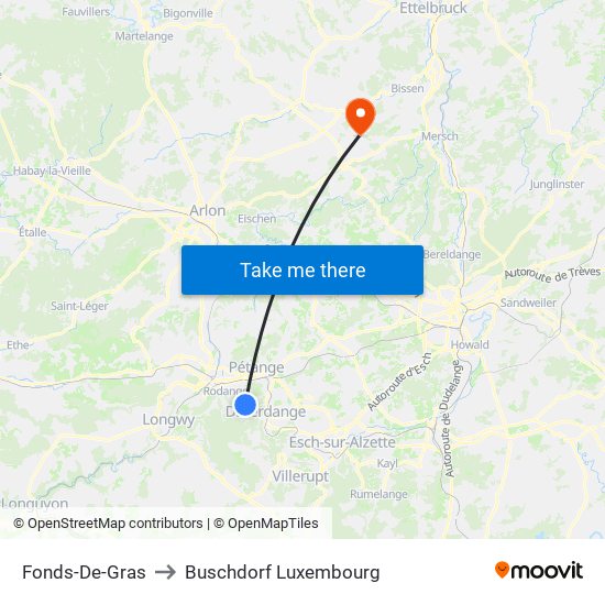 Fonds-De-Gras to Buschdorf Luxembourg map