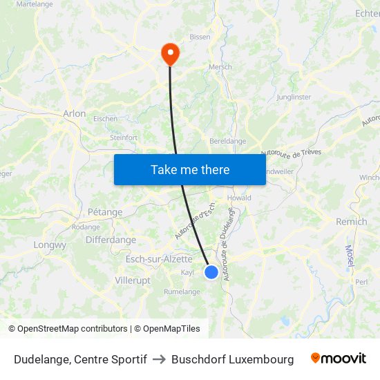 Dudelange, Centre Sportif to Buschdorf Luxembourg map