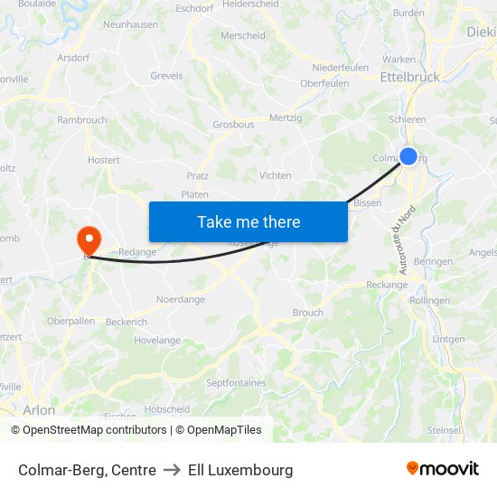 Colmar-Berg, Centre to Ell Luxembourg map