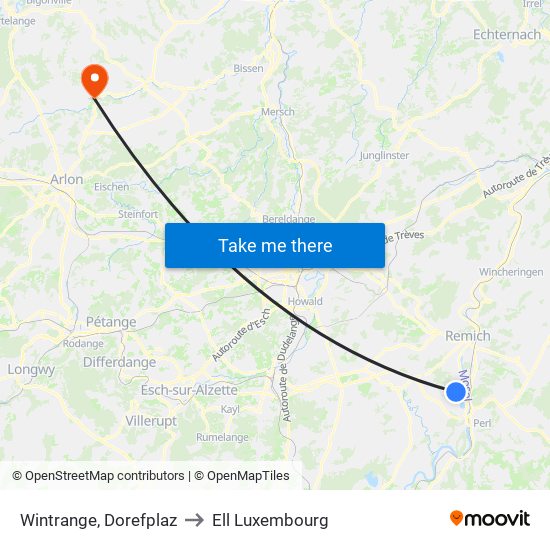 Wintrange, Dorefplaz to Ell Luxembourg map