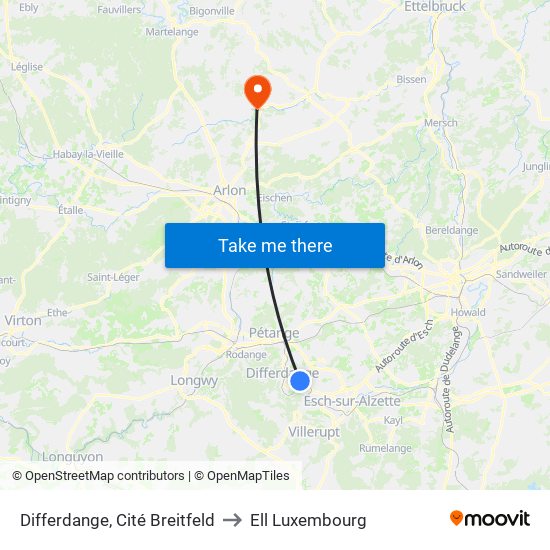 Differdange, Cité Breitfeld to Ell Luxembourg map