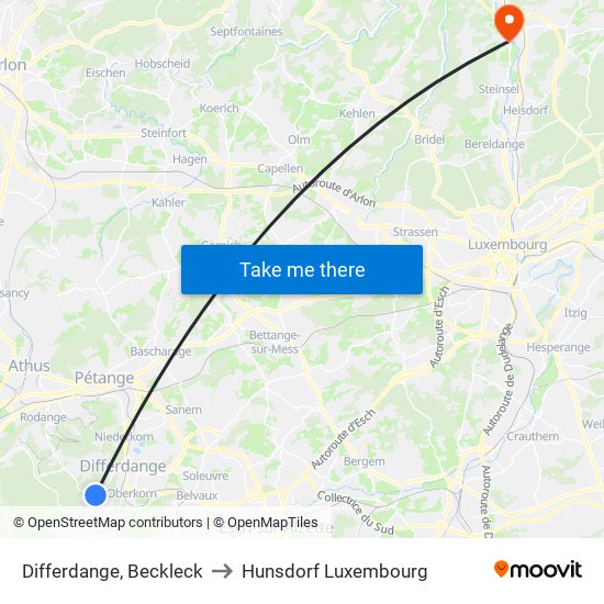 Differdange, Beckleck to Hunsdorf Luxembourg map