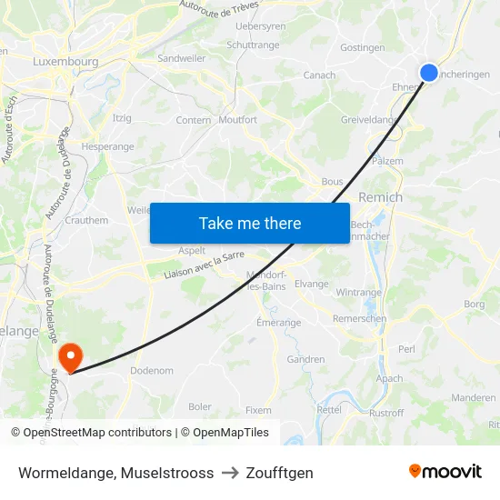Wormeldange, Muselstrooss to Zoufftgen map