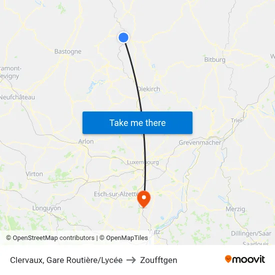 Clervaux, Gare Routière/Lycée to Zoufftgen map