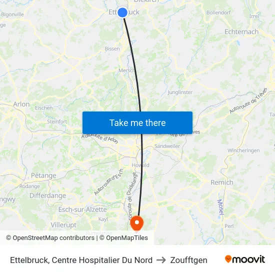 Ettelbruck, Centre Hospitalier Du Nord to Zoufftgen map