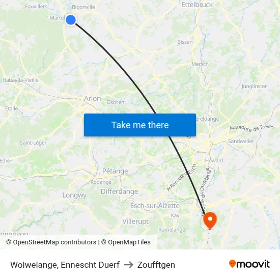 Wolwelange, Ennescht Duerf to Zoufftgen map