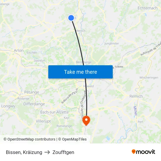 Bissen, Kräizung to Zoufftgen map