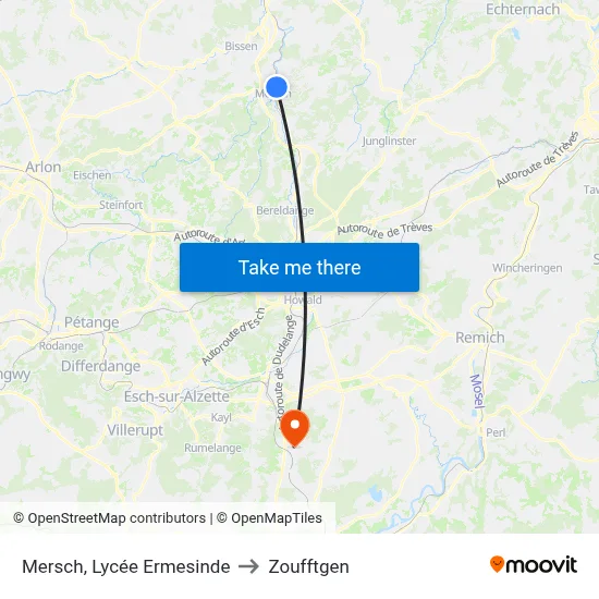 Mersch, Lycée Ermesinde to Zoufftgen map