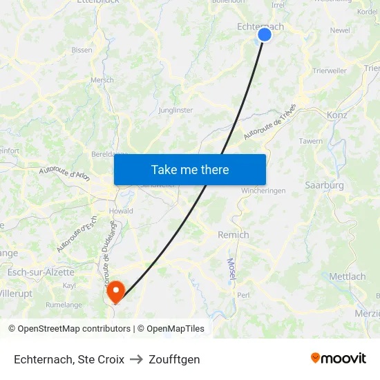 Echternach, Ste Croix to Zoufftgen map