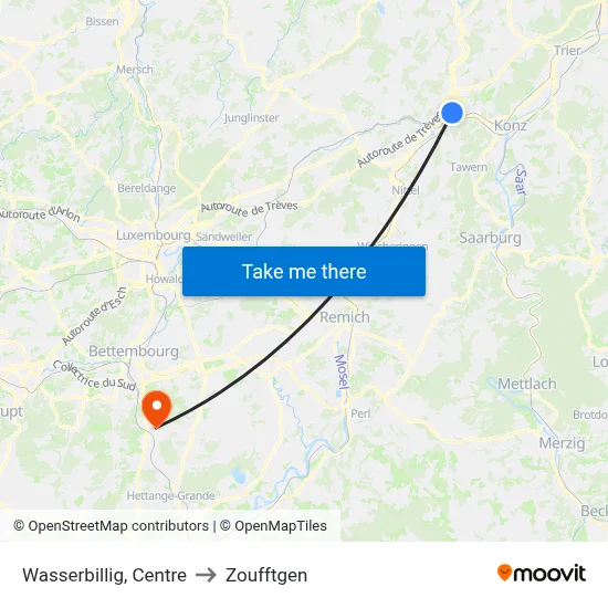 Wasserbillig, Centre to Zoufftgen map