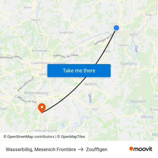 Wasserbillig, Mesenich Frontière to Zoufftgen map