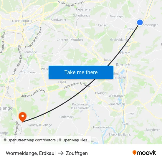 Wormeldange, Erdkaul to Zoufftgen map