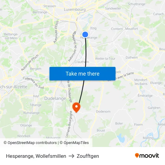 Hesperange, Wollefsmillen to Zoufftgen map