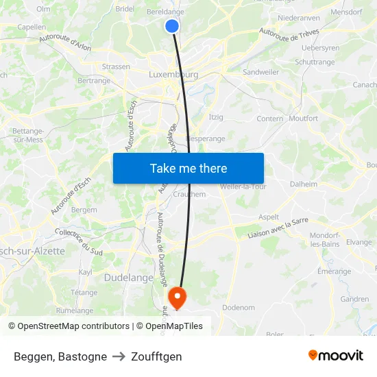 Beggen, Bastogne to Zoufftgen map