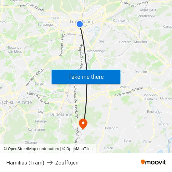 Hamilius (Tram) to Zoufftgen map
