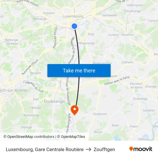 Luxembourg, Gare Centrale Routière to Zoufftgen map