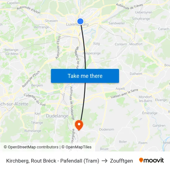 Kirchberg, Rout Bréck - Pafendall (Tram) to Zoufftgen map