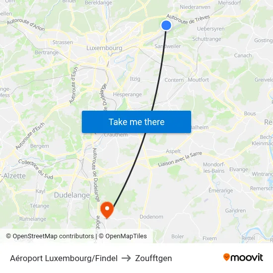 Aéroport Luxembourg/Findel to Zoufftgen map