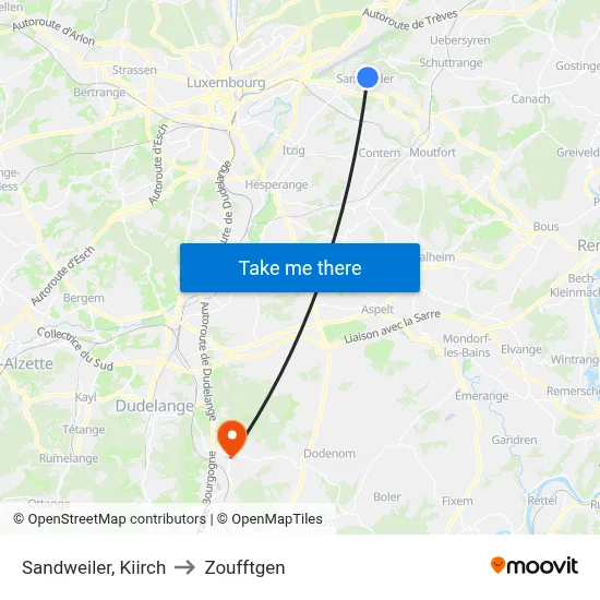 Sandweiler, Kiirch to Zoufftgen map