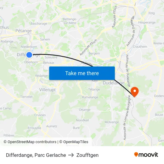 Differdange, Parc Gerlache to Zoufftgen map