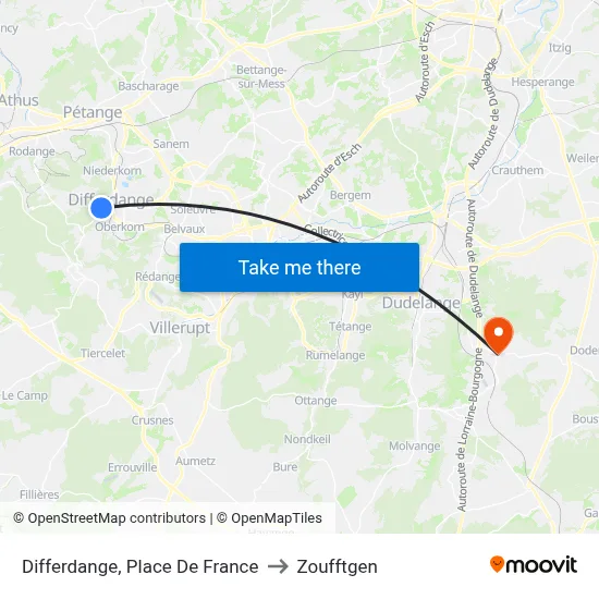 Differdange, Place De France to Zoufftgen map