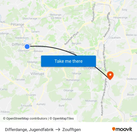Differdange, Jugendfabrik to Zoufftgen map