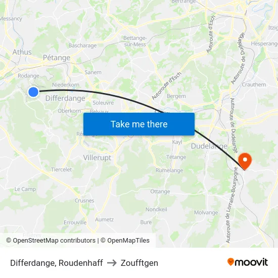 Differdange, Roudenhaff to Zoufftgen map