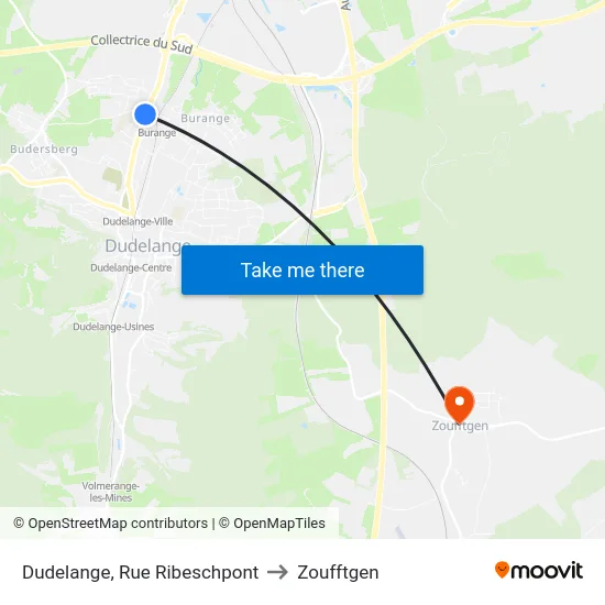 Dudelange, Rue Ribeschpont to Zoufftgen map