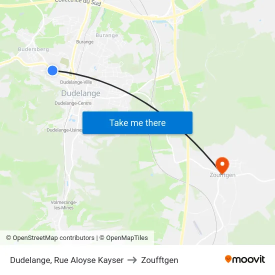 Dudelange, Rue Aloyse Kayser to Zoufftgen map