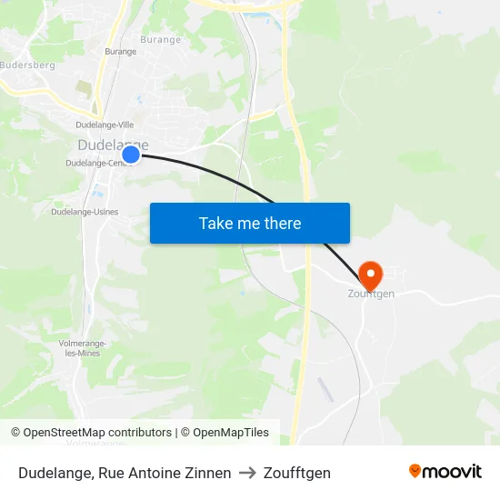Dudelange, Rue Antoine Zinnen to Zoufftgen map