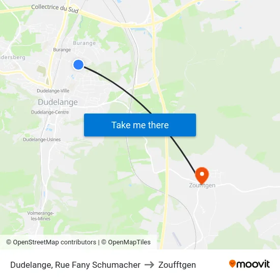 Dudelange, Rue Fany Schumacher to Zoufftgen map