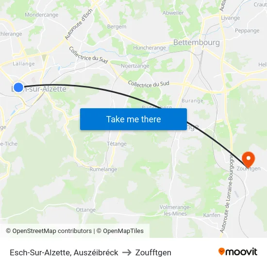 Esch-Sur-Alzette, Auszéibréck to Zoufftgen map
