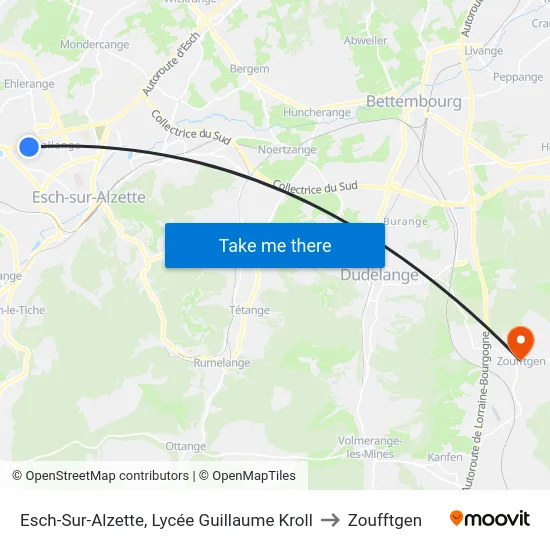 Esch-Sur-Alzette, Lycée Guillaume Kroll to Zoufftgen map