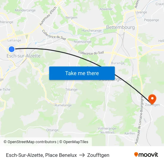Esch-Sur-Alzette, Place Benelux to Zoufftgen map