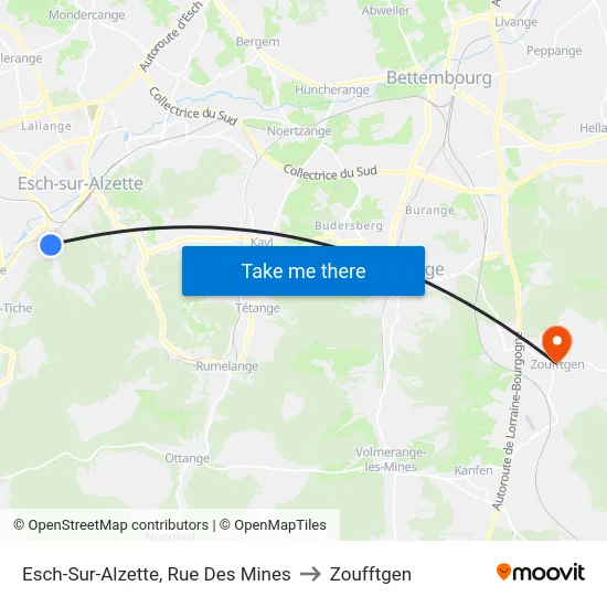 Esch-Sur-Alzette, Rue Des Mines to Zoufftgen map