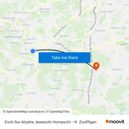 Esch-Sur-Alzette, Iewescht Homescht to Zoufftgen map