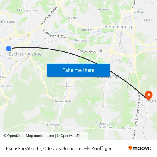 Esch-Sur-Alzette, Cité Jos Brebsom to Zoufftgen map
