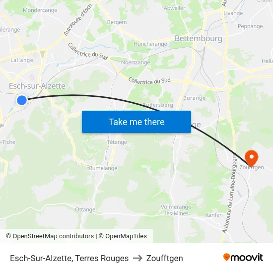 Esch-Sur-Alzette, Terres Rouges to Zoufftgen map