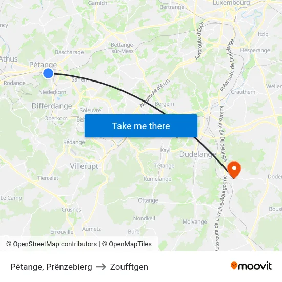 Pétange, Prënzebierg to Zoufftgen map