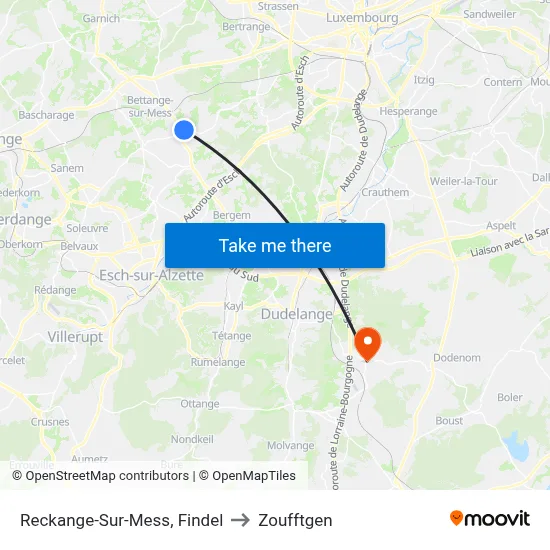 Reckange-Sur-Mess, Findel to Zoufftgen map