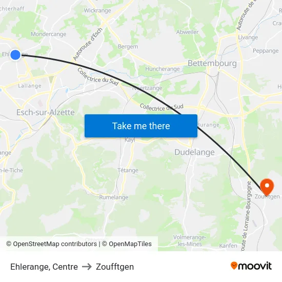 Ehlerange, Centre to Zoufftgen map