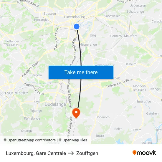Luxembourg, Gare Centrale to Zoufftgen map