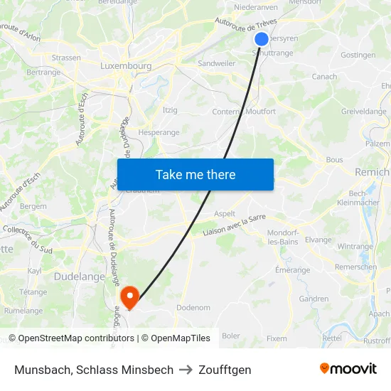 Munsbach, Schlass Minsbech to Zoufftgen map