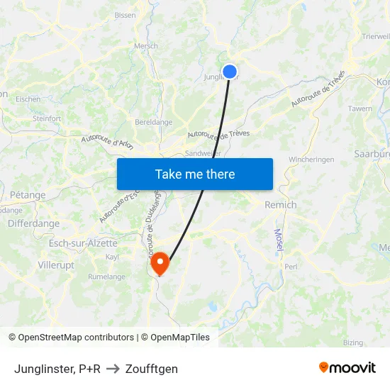 Junglinster, P+R to Zoufftgen map
