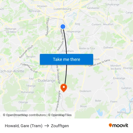 Howald, Gare (Tram) to Zoufftgen map