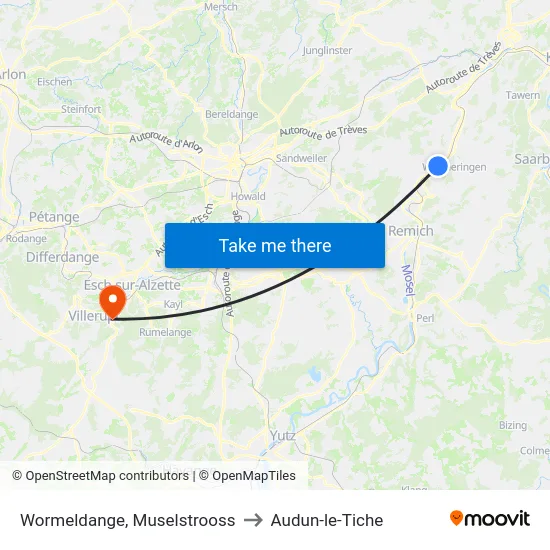 Wormeldange, Muselstrooss to Audun-le-Tiche map