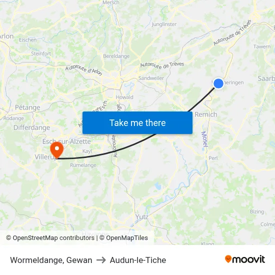 Wormeldange, Gewan to Audun-le-Tiche map