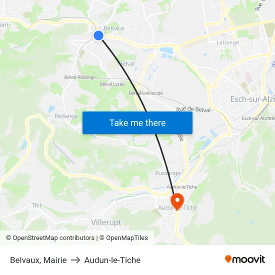 Belvaux, Mairie to Audun-le-Tiche map