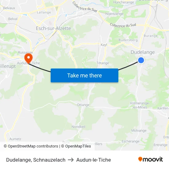 Dudelange, Schnauzelach to Audun-le-Tiche map